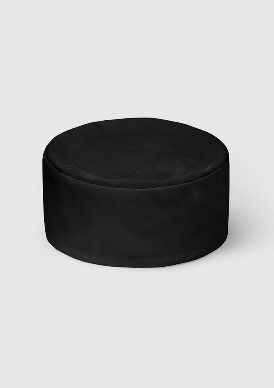 A black flat top hat with a mesh design, featuring a rounded shape and a branded logo.
