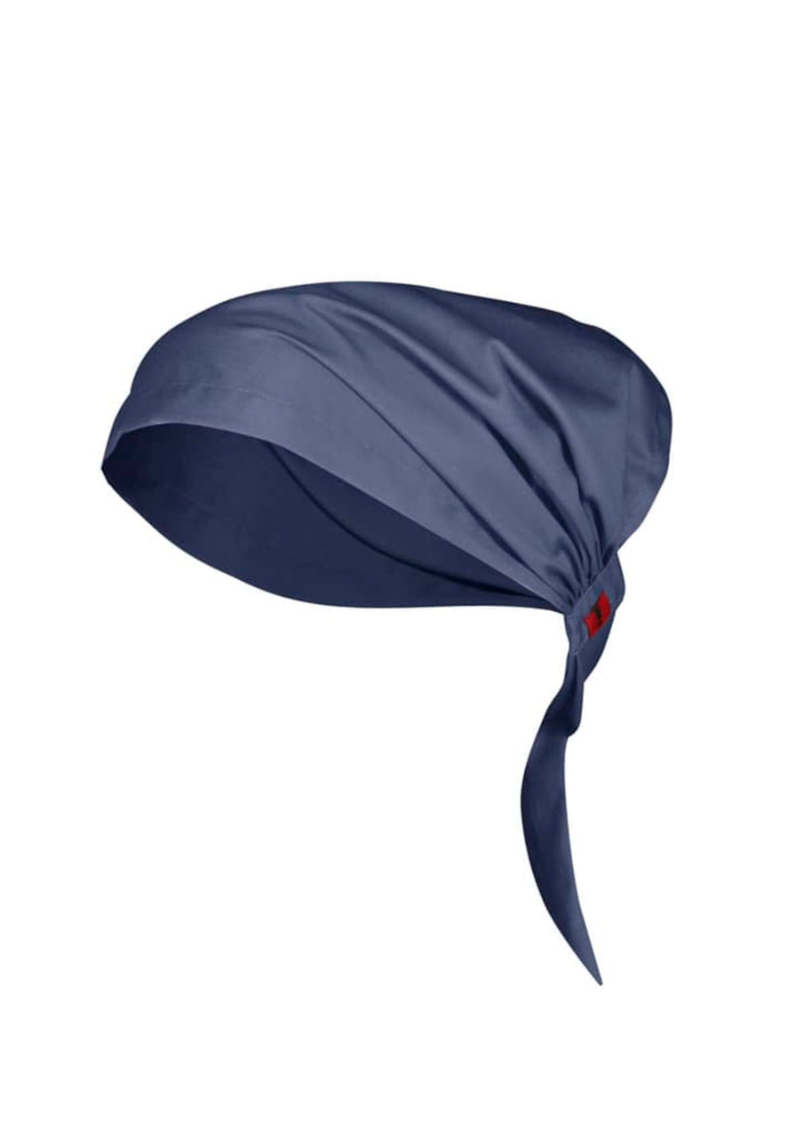 A navy blue chef bandana with a tie at the back and a small logo. Perfect for kitchen wear.