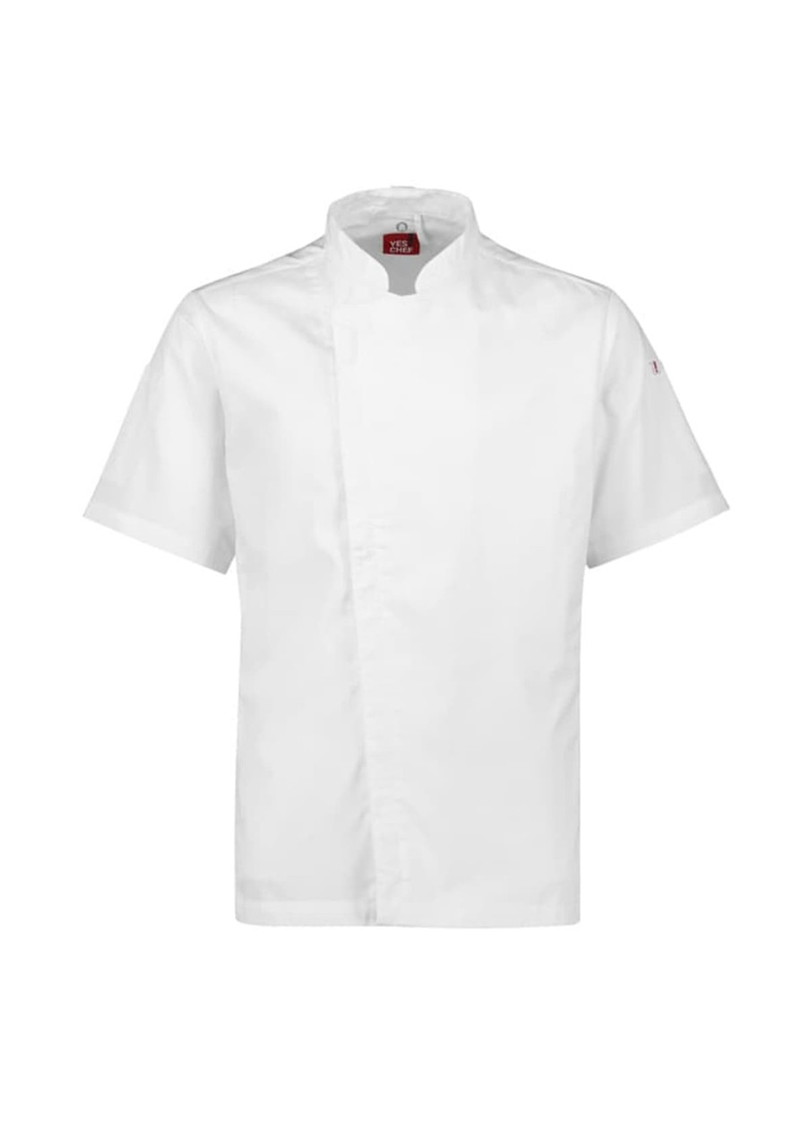 A white short sleeve chef jacket with a stand collar and a logo on the sleeve.