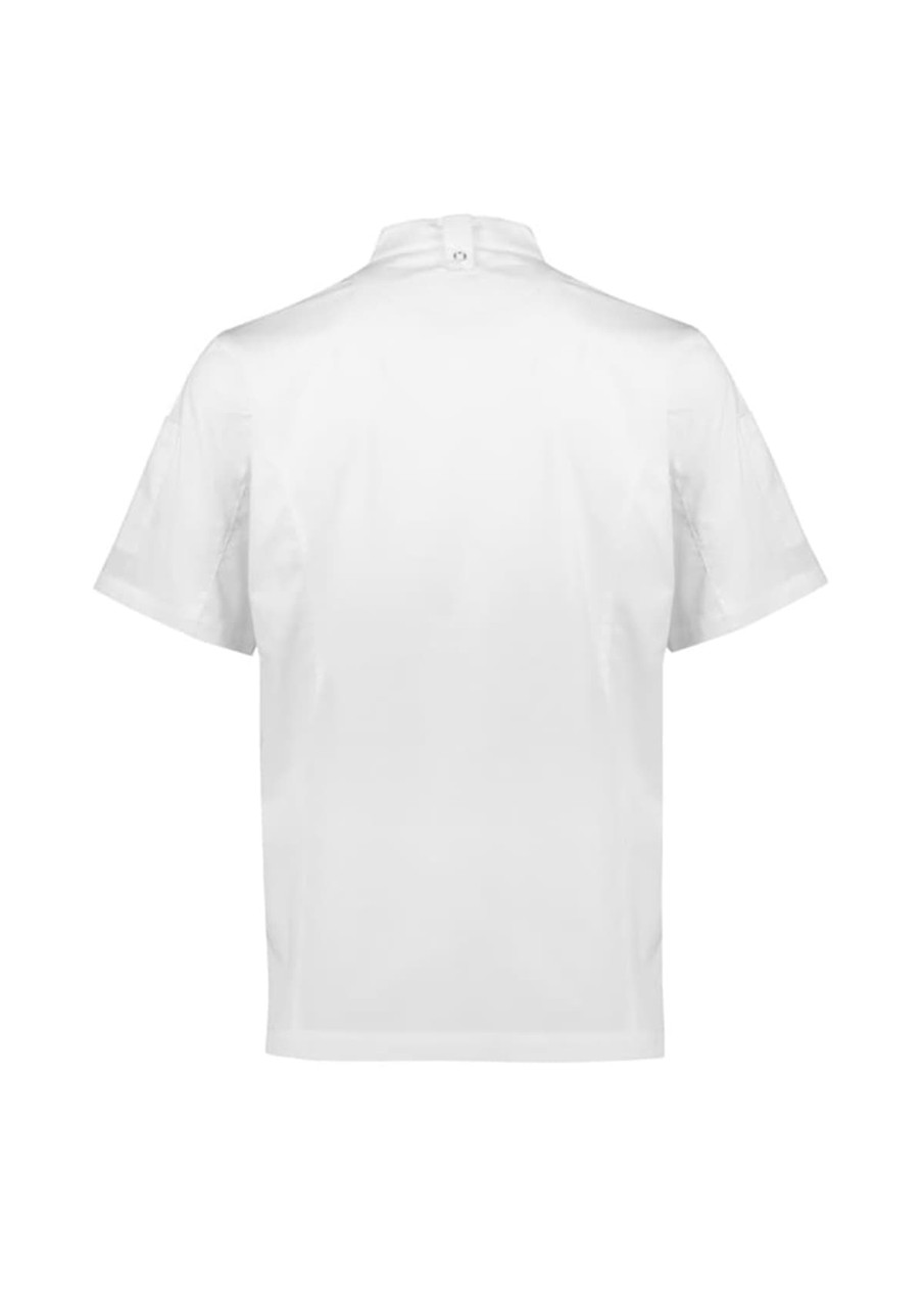 A white short sleeve chef jacket featuring a simple design and a back button closure, with a logo present.