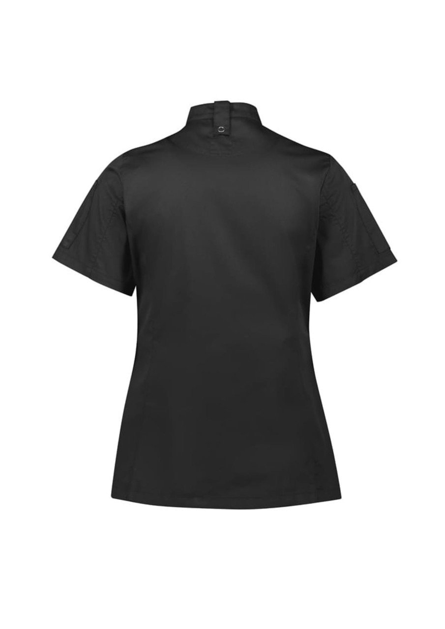 A black women's short sleeve chef jacket featuring a stand collar and a logo on the sleeve.