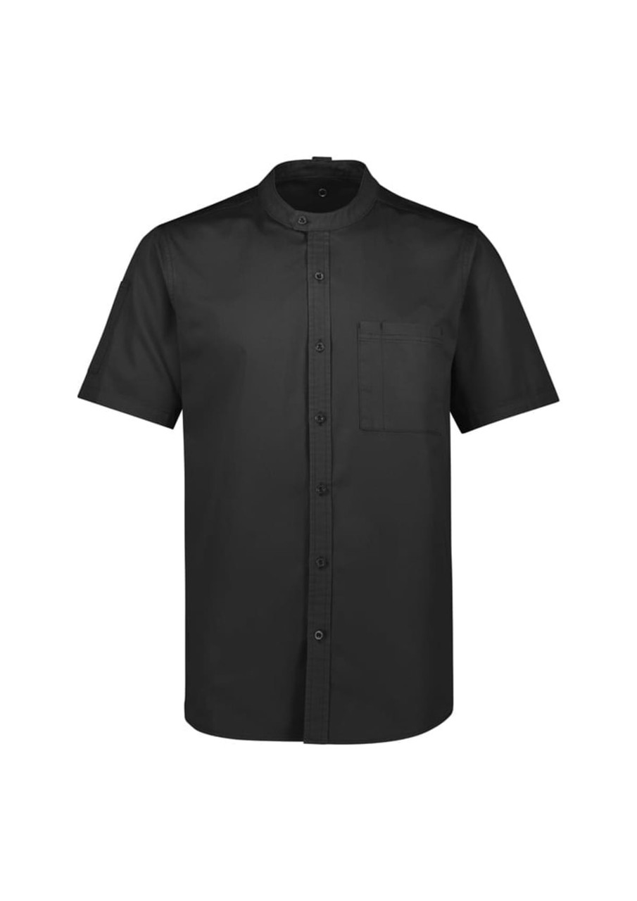 A short sleeve black chef shirt with a mandarin collar and a chest pocket, featuring a logo.