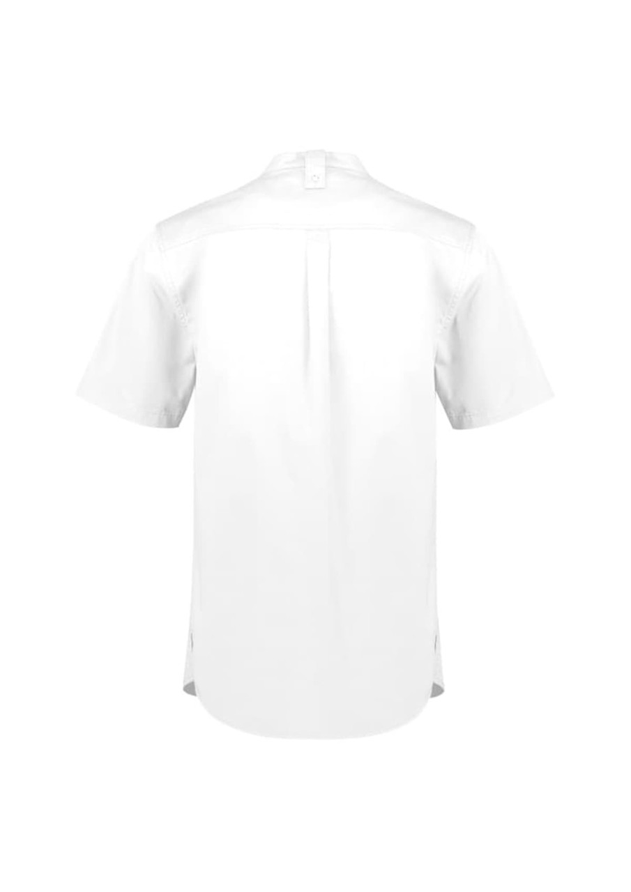 A white short sleeve chef shirt with a back pleat and side vents, featuring a logo.
