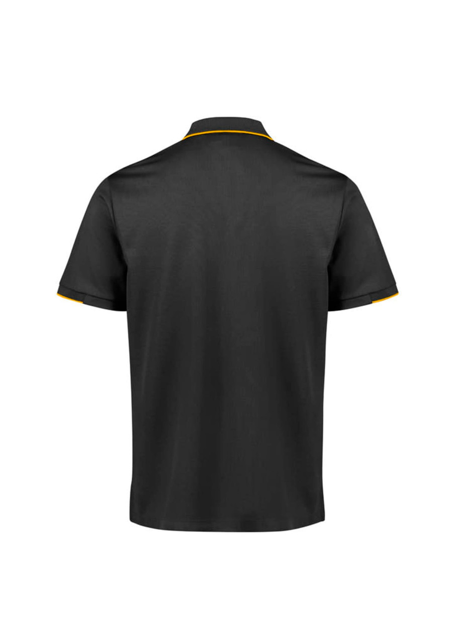 A black short sleeve polo shirt with yellow accents and a logo on the chest.
