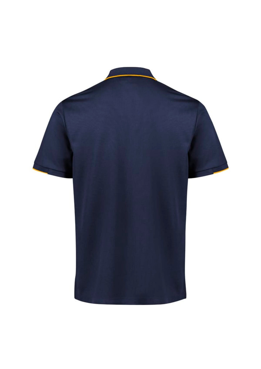 A navy blue men's polo shirt with short sleeves and contrasting collar trim. Features a logo on the chest.