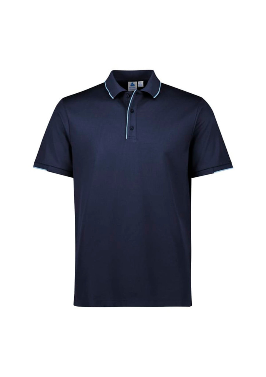 A navy blue men's short sleeve polo shirt with contrasting trim and a collar. Features a logo.