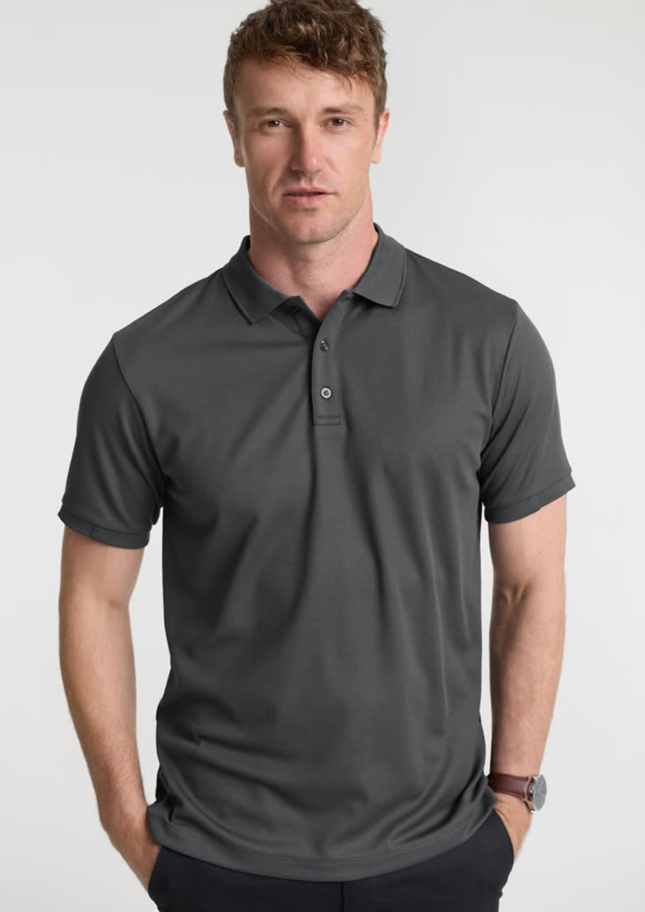 A grey short sleeve polo shirt featuring a collar and a three-button placket, with a logo on the chest.