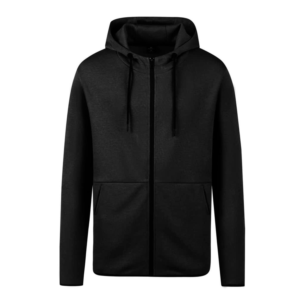 A black zipped hoodie with a hood, featuring front pockets and a logo.