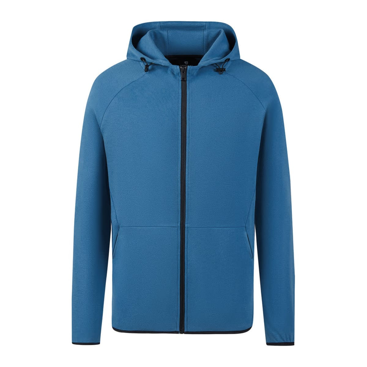 A blue zipped hoodie with a hood and a front zipper, featuring a logo on the chest area.