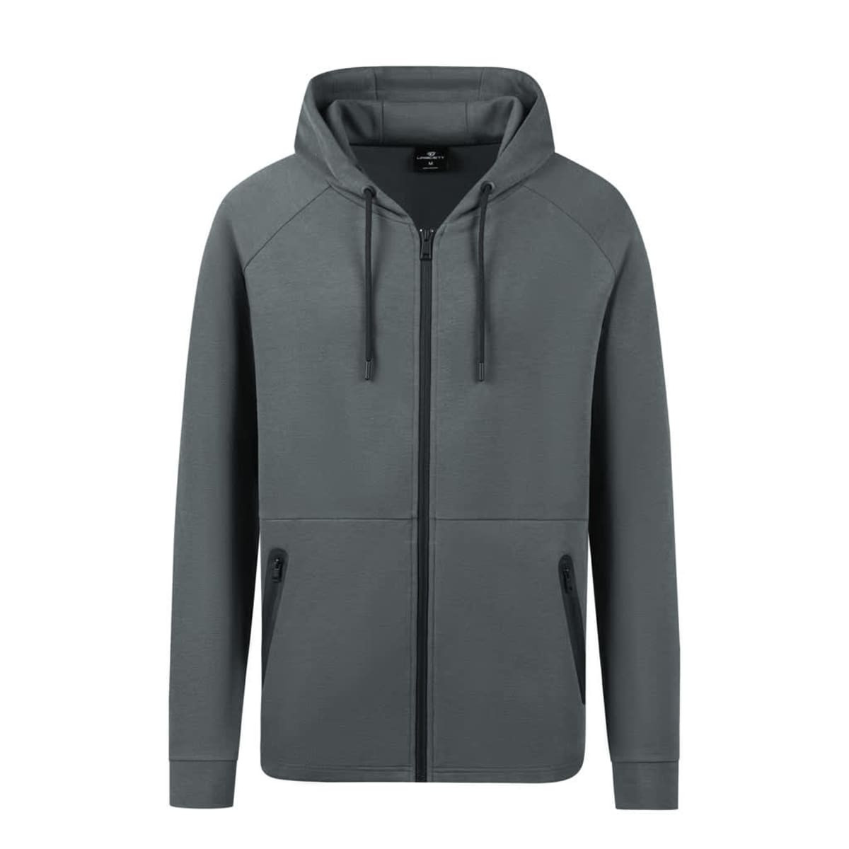 A grey zipped hoodie with a hood, featuring two front pockets and a logo on the chest.