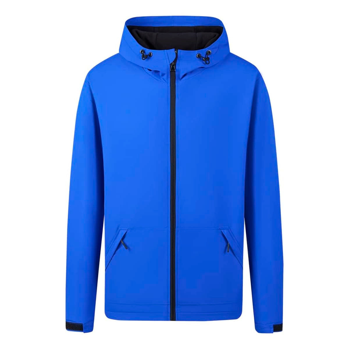 A blue rain jacket with a hood, featuring a front zipper and pockets, and includes a logo.
