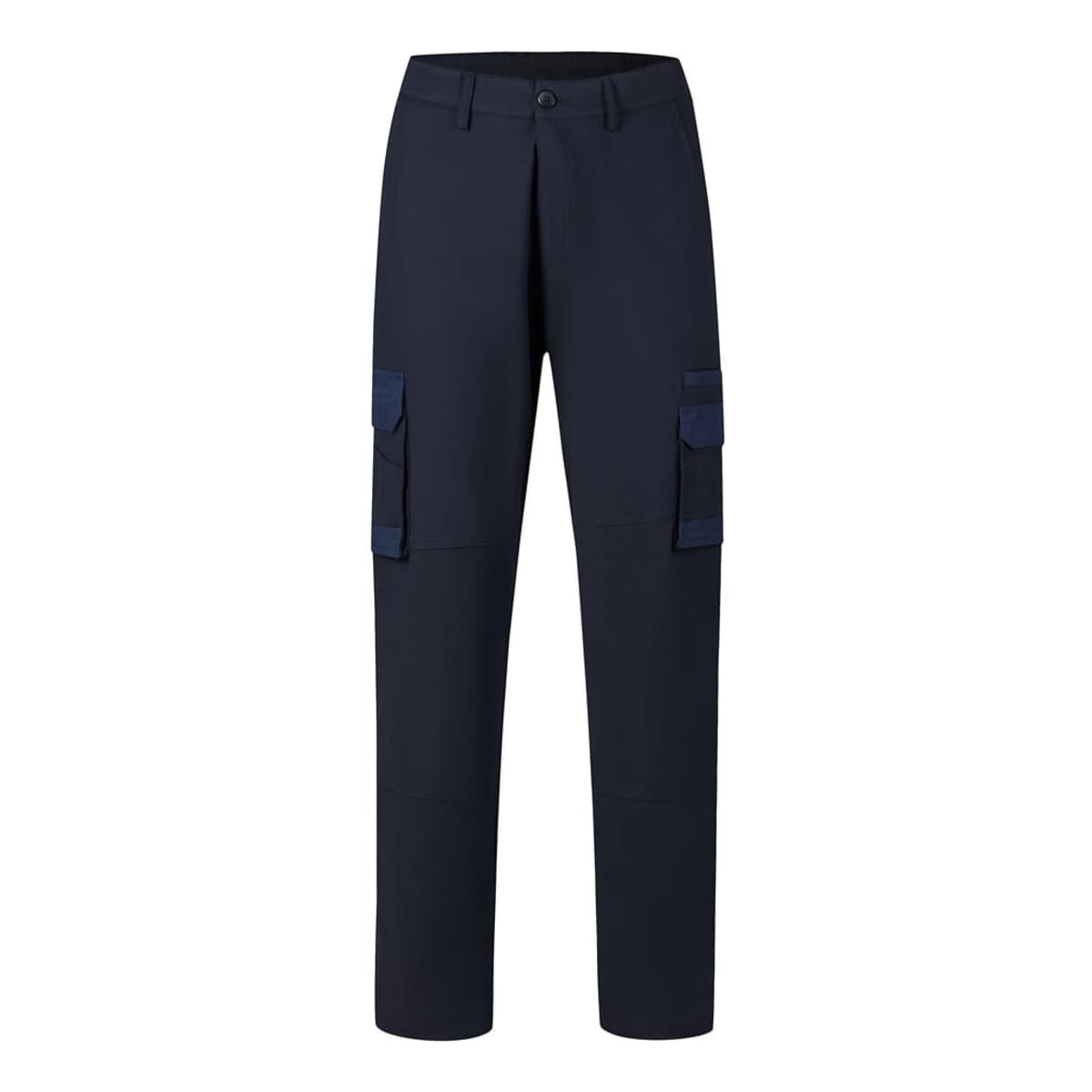 Heavy-duty work pants in navy blue with cargo pockets and a logo. Suitable for various work environments.