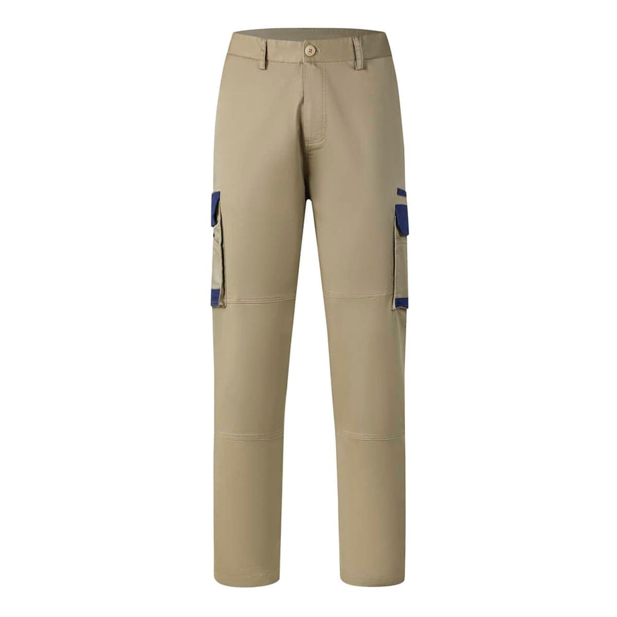 Khaki work pants with multiple cargo pockets and blue accents, featuring a branded label.