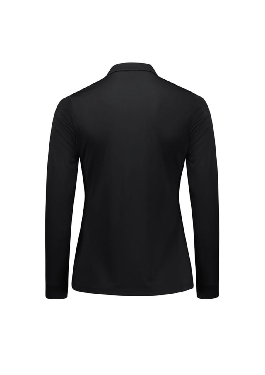 A black long sleeve polo shirt featuring a classic collar and a logo on the chest.