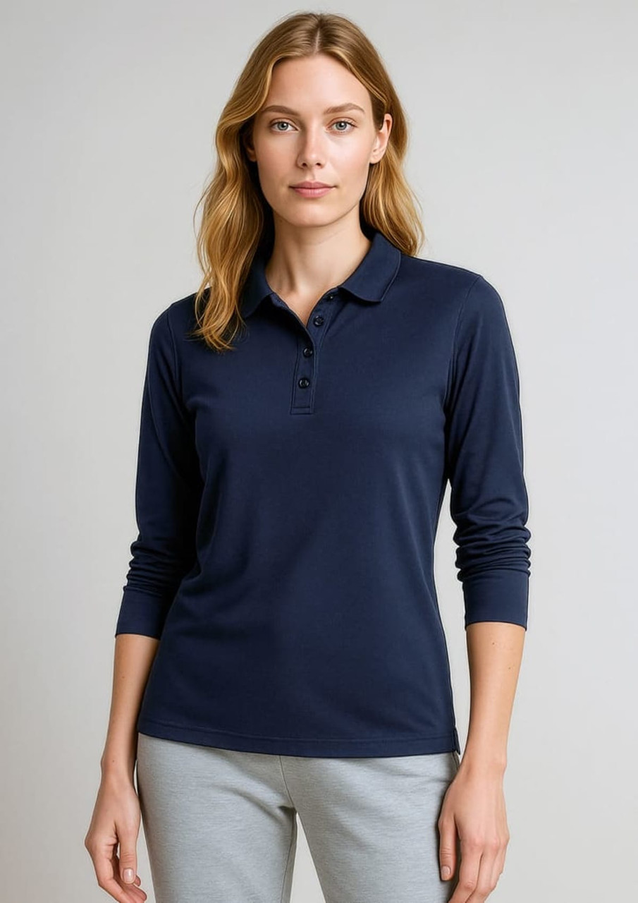 A navy long sleeve polo shirt for women, featuring a collar and buttons, with a logo displayed.