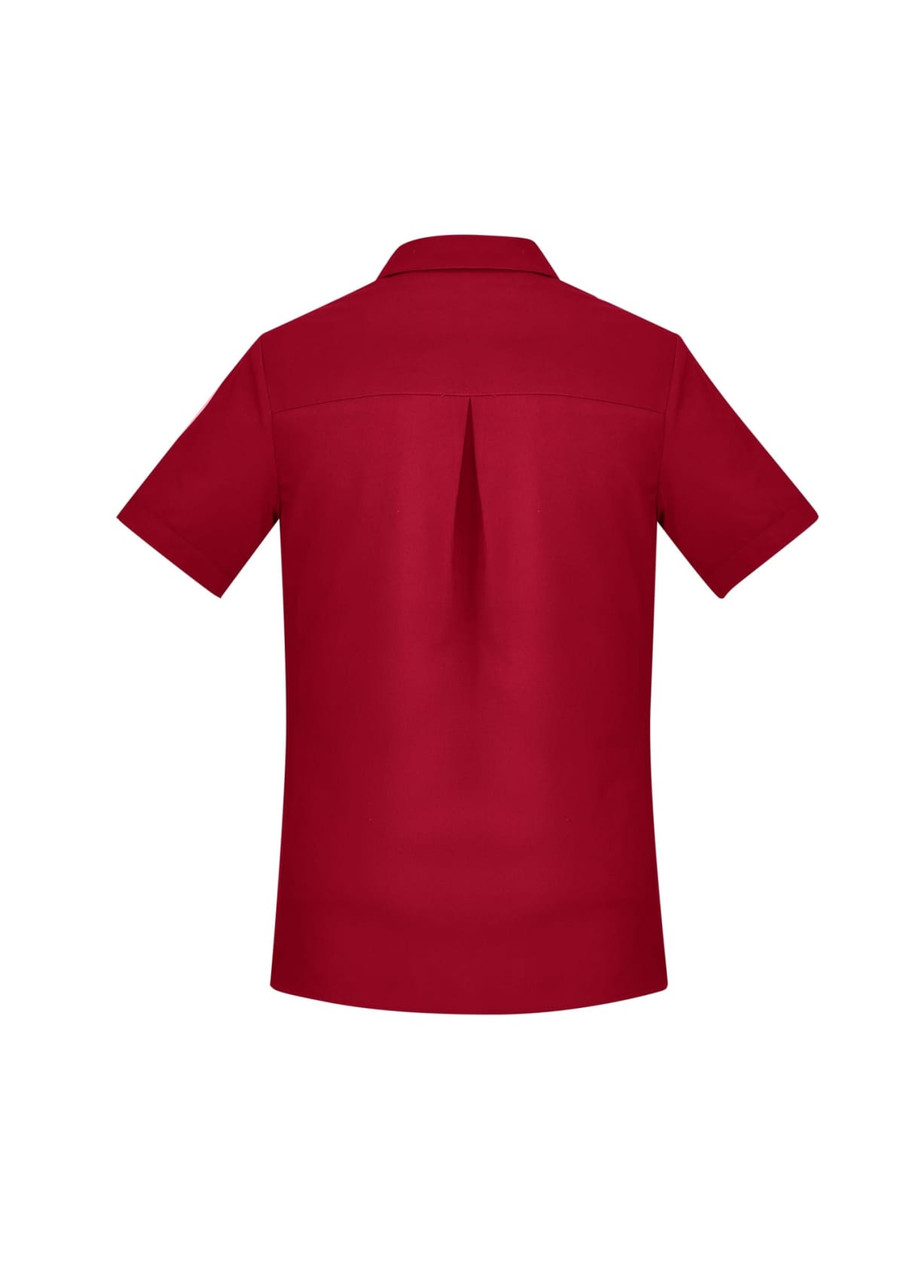 A red women's short sleeve shirt with a back pleat and a collar, featuring a logo.