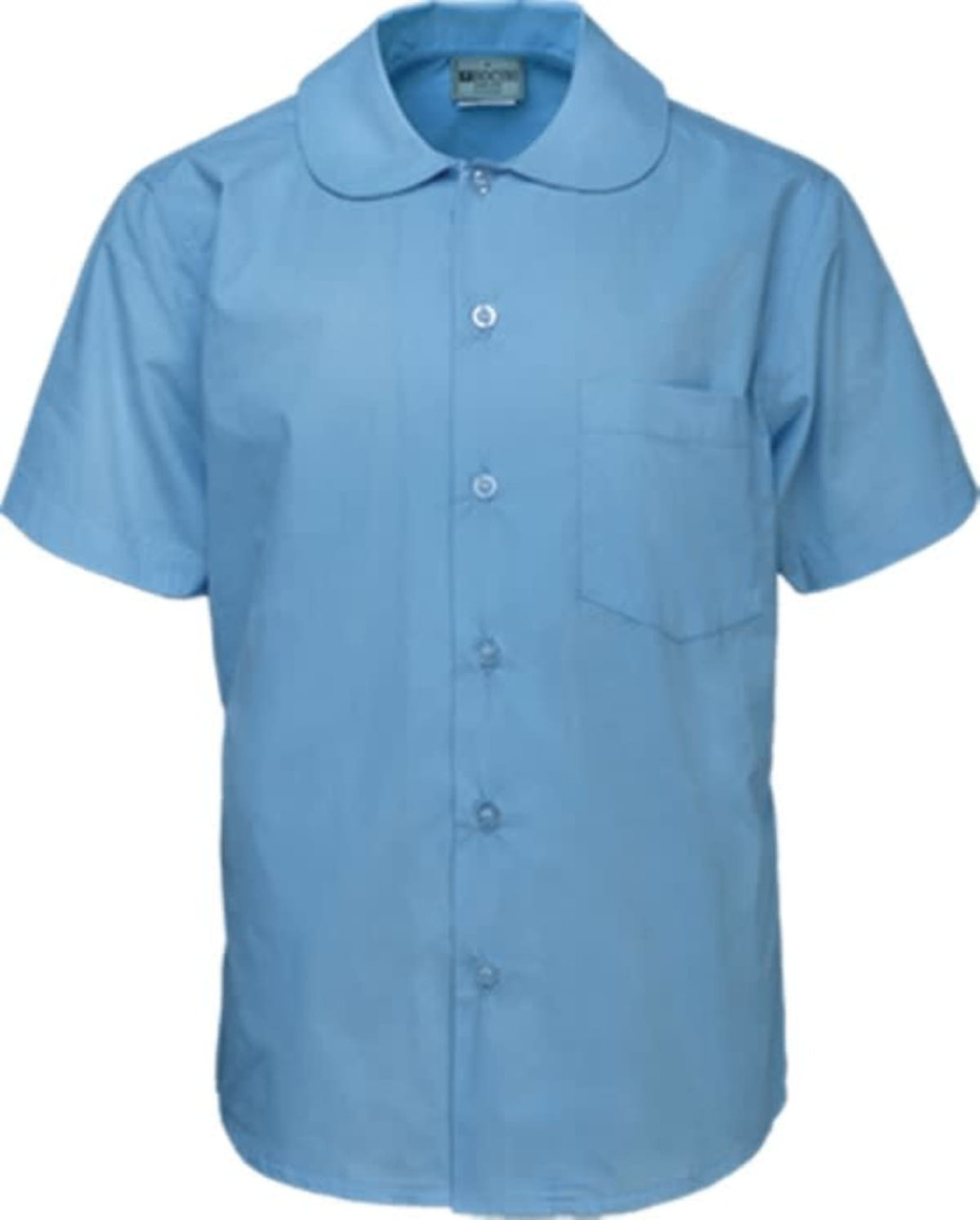 A light blue short sleeve button-up school shirt with a Peter Pan collar and a chest pocket.