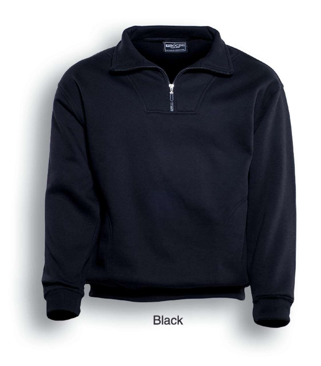 A black unisex half-zip fleece jumper with a pocket and ribbed cuffs. Features a branding logo.