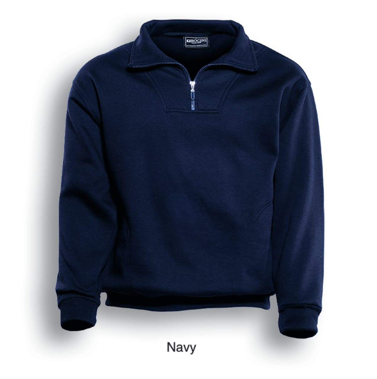 A navy unisex 1/2 zip fleece jumper with a pocket, featuring a brand logo.