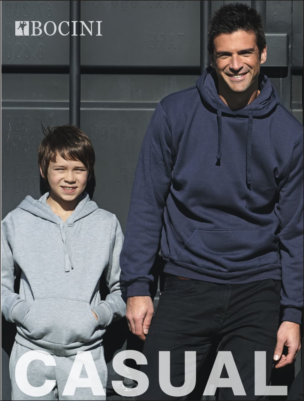 A unisex pull-over hoodie in navy, worn by a man and a boy, with an accompanying logo on the garment.