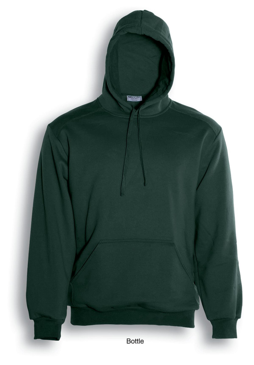 A unisex adult pullover hoodie in bottle green with a front pocket and hood. Features a logo.