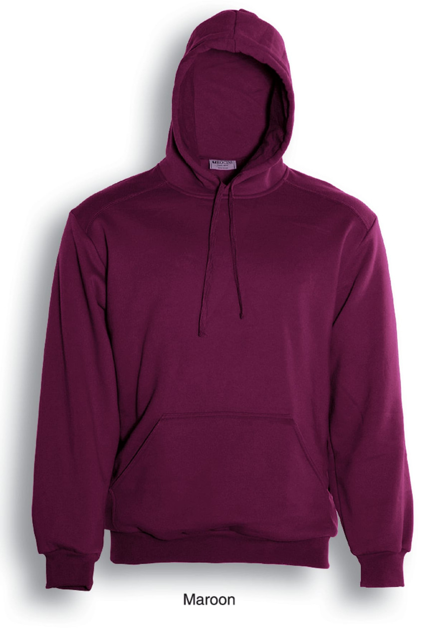 A maroon unisex pull-over hoodie featuring a hood and a front pouch pocket. It has a small logo.