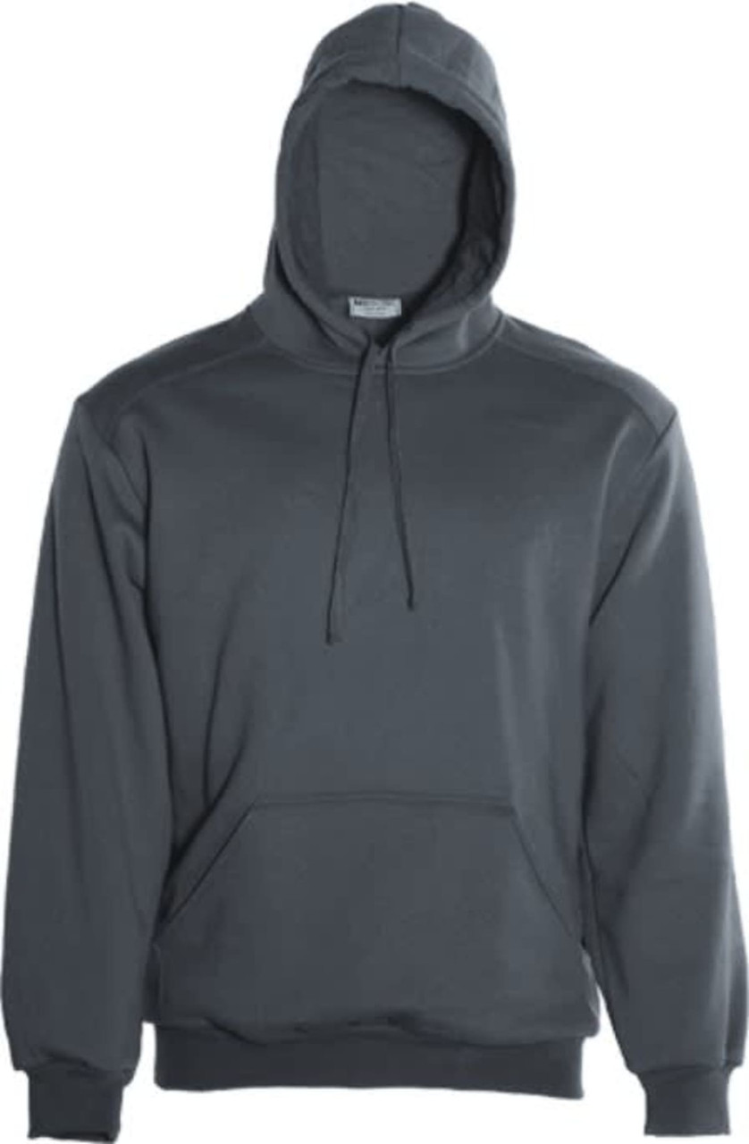 A dark grey unisex adult pull-over hoodie featuring a front pocket and a hood. It has a logo on it.