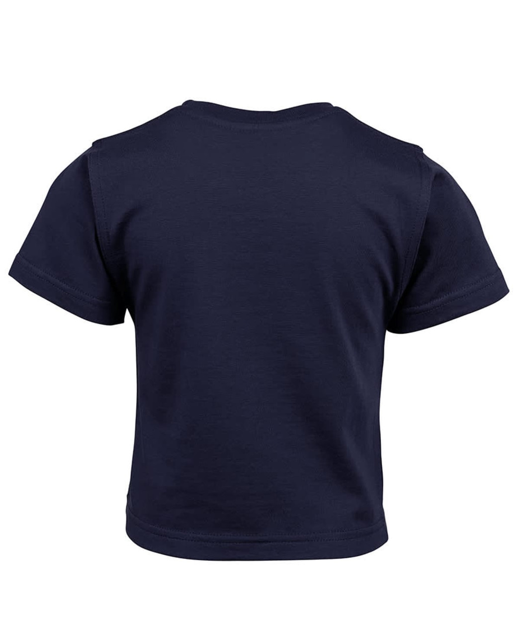 A navy blue infant tee featuring short sleeves and a round neckline. It has a logo on the back.