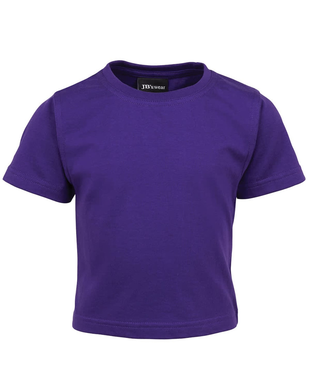 A purple infant t-shirt with short sleeves and a round neckline, featuring a logo on the inside tag.