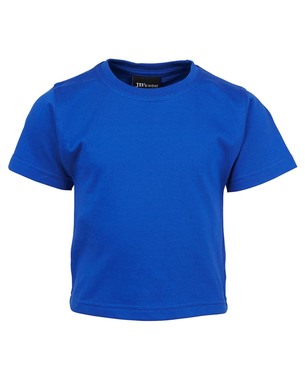 A bright blue infant T-shirt with short sleeves and a crew neckline. It features a logo on the interior label.