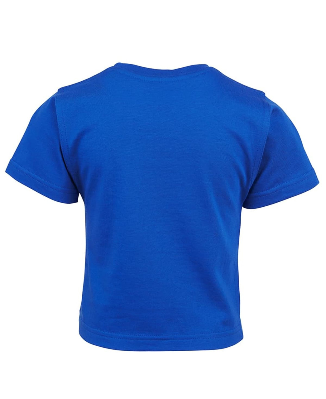 A blue infant T-shirt featuring a simple design and a logo on the back.