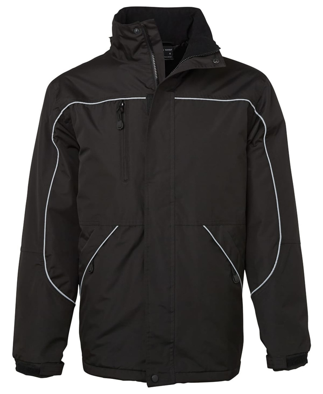 A black rain jacket featuring white piping and multiple pockets, with a zippered front and high collar.