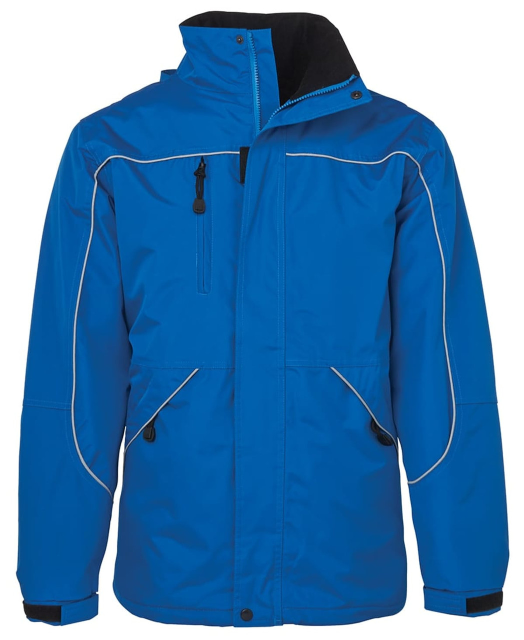A blue rain jacket featuring contrasting trim and a front zip, with pockets and a logo on the chest.