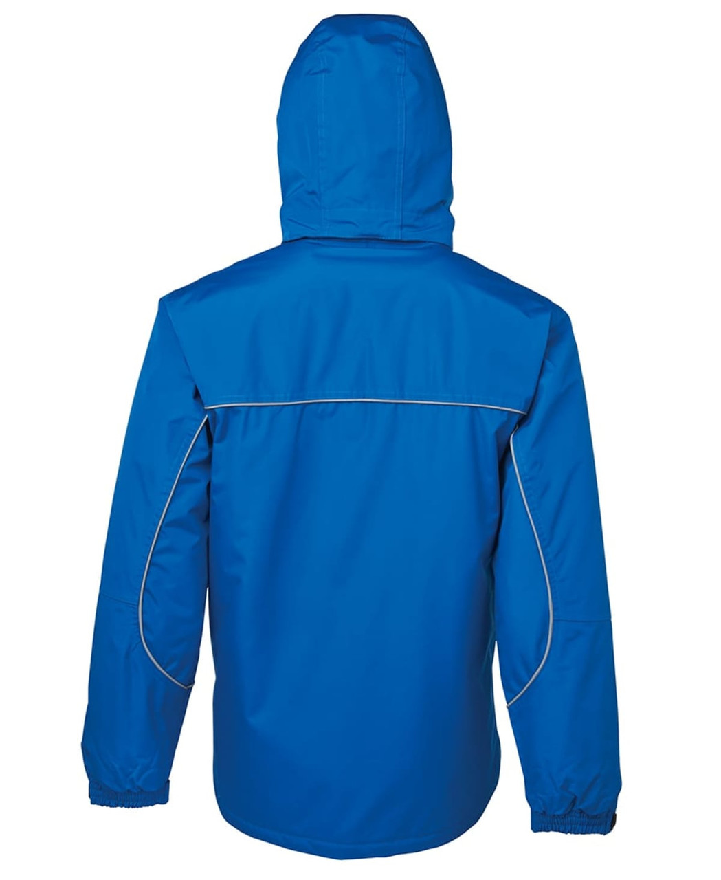 A blue rain jacket with a hood, featuring elastic cuffs and a back yoke design. Includes a logo.