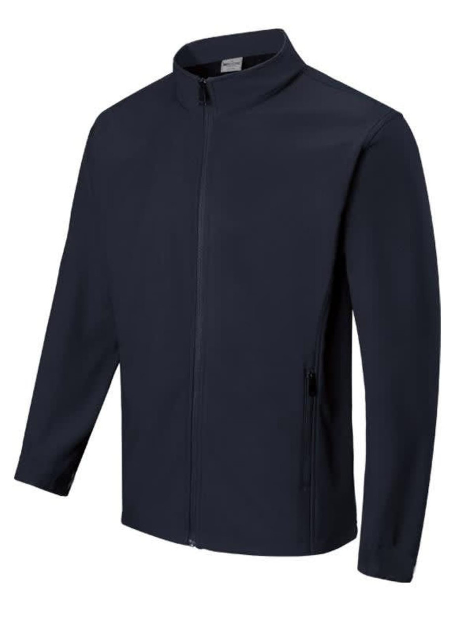 A navy men's softshell jacket with adjustable cuffs and a zippered front. It features side pockets and has a logo.