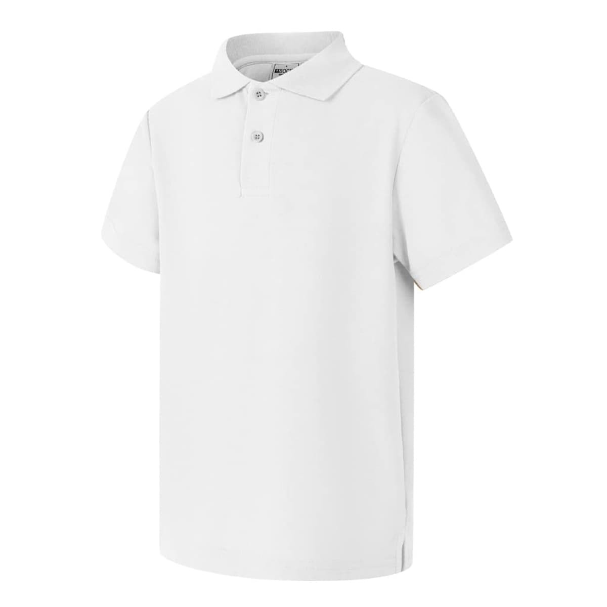 A white short sleeve polo shirt with a collar and three buttons, featuring a logo on the chest.