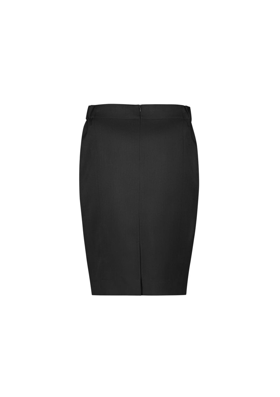 A black mid-waist pencil skirt featuring a sleek design and a back zipper. It has a logo tag.