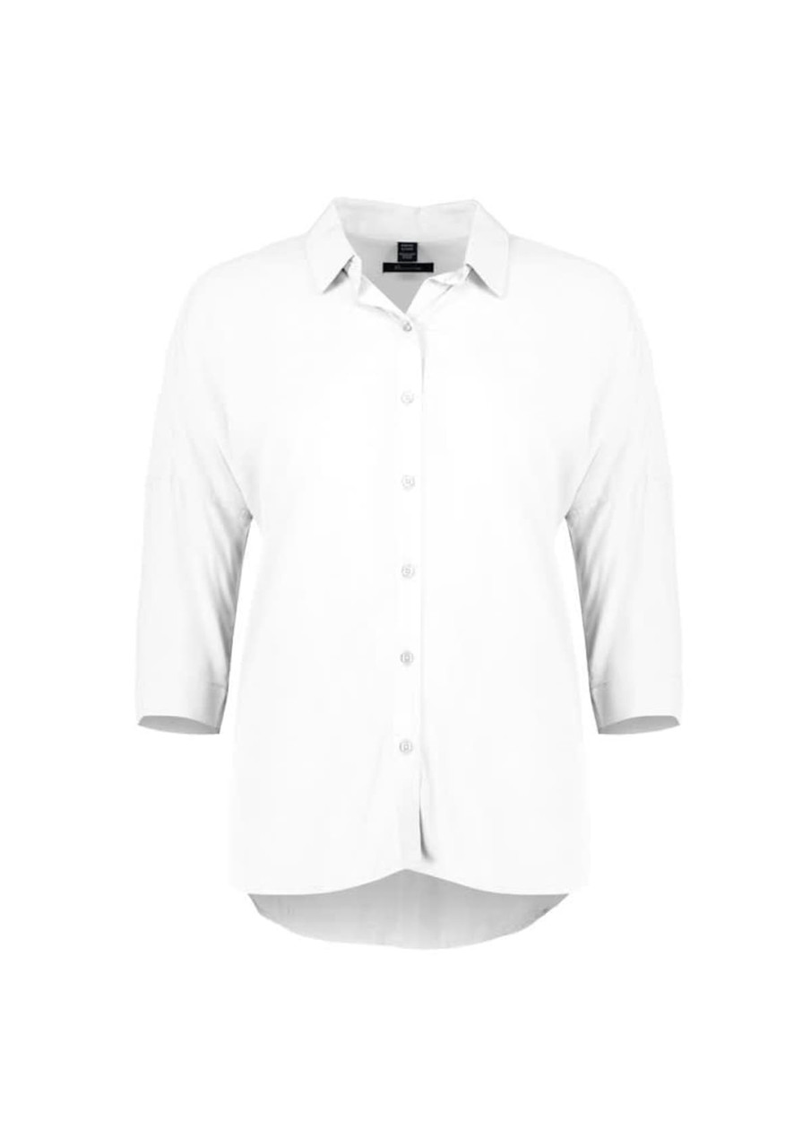 A white women's blouse with 3/4 sleeves and a button-up front. It features a collar and a curved hemline.
