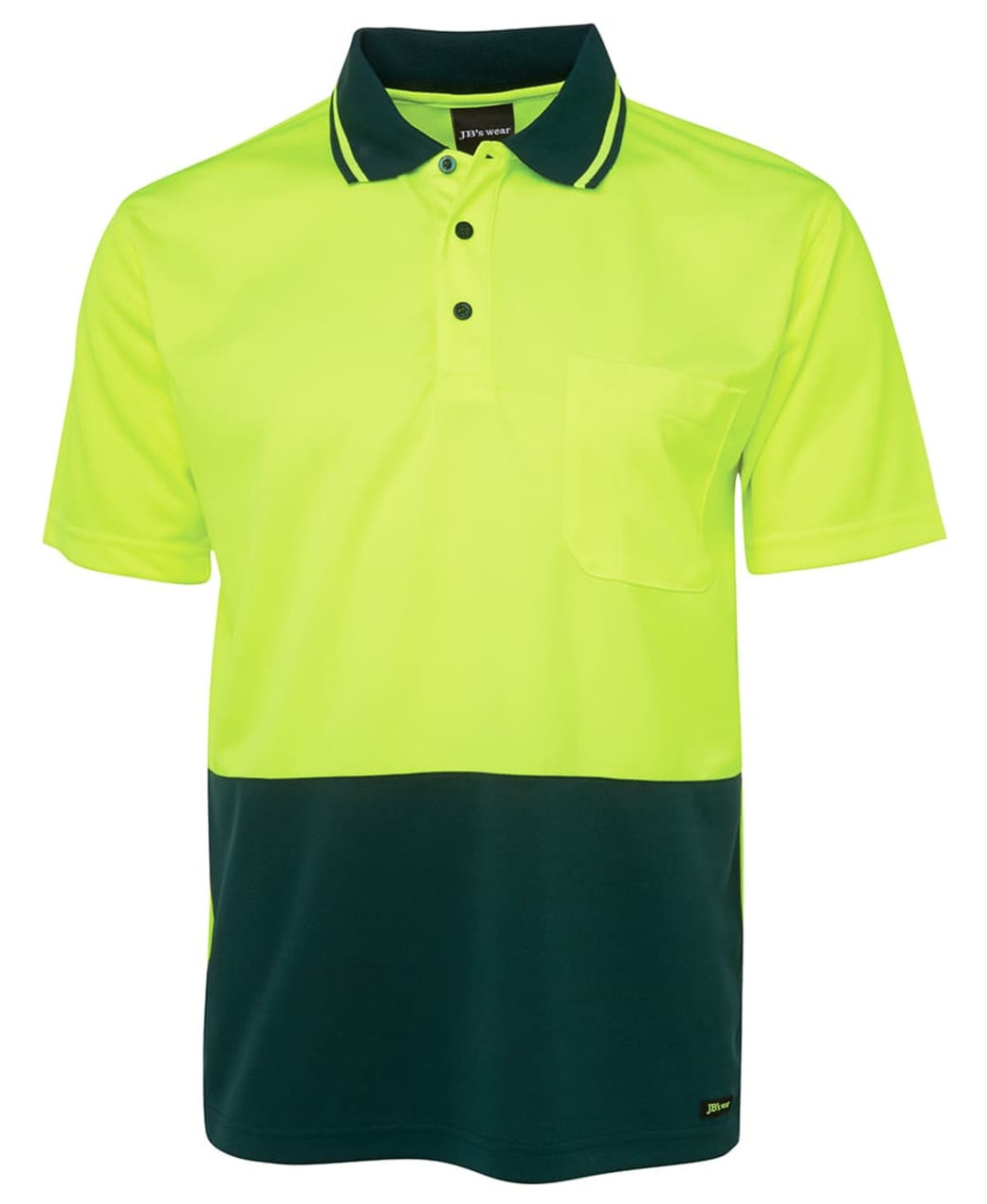 A work polo shirt in high visibility yellow and dark green, featuring a collar and a chest pocket.