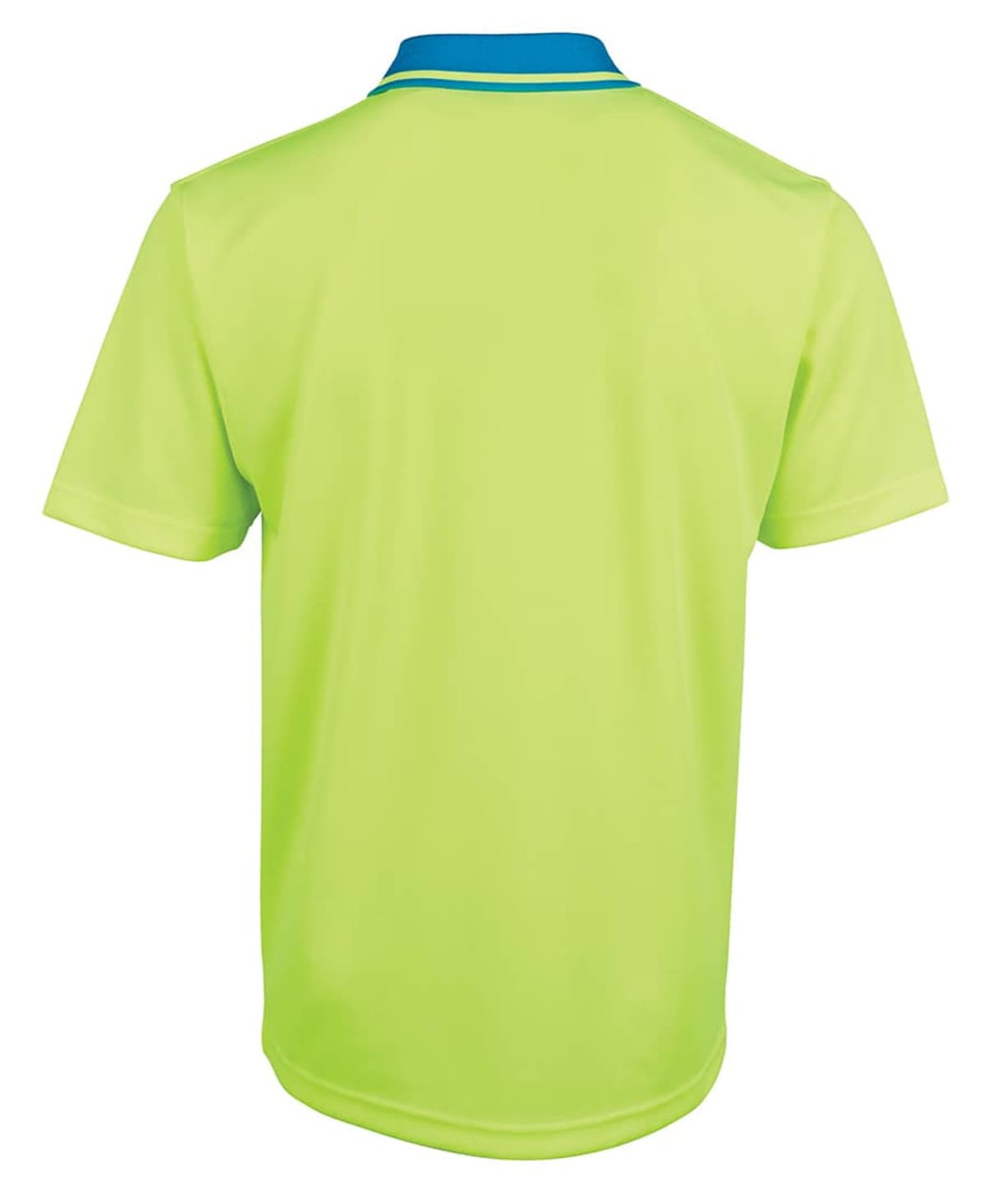A lime green work polo shirt with a blue collar and a logo on the back.