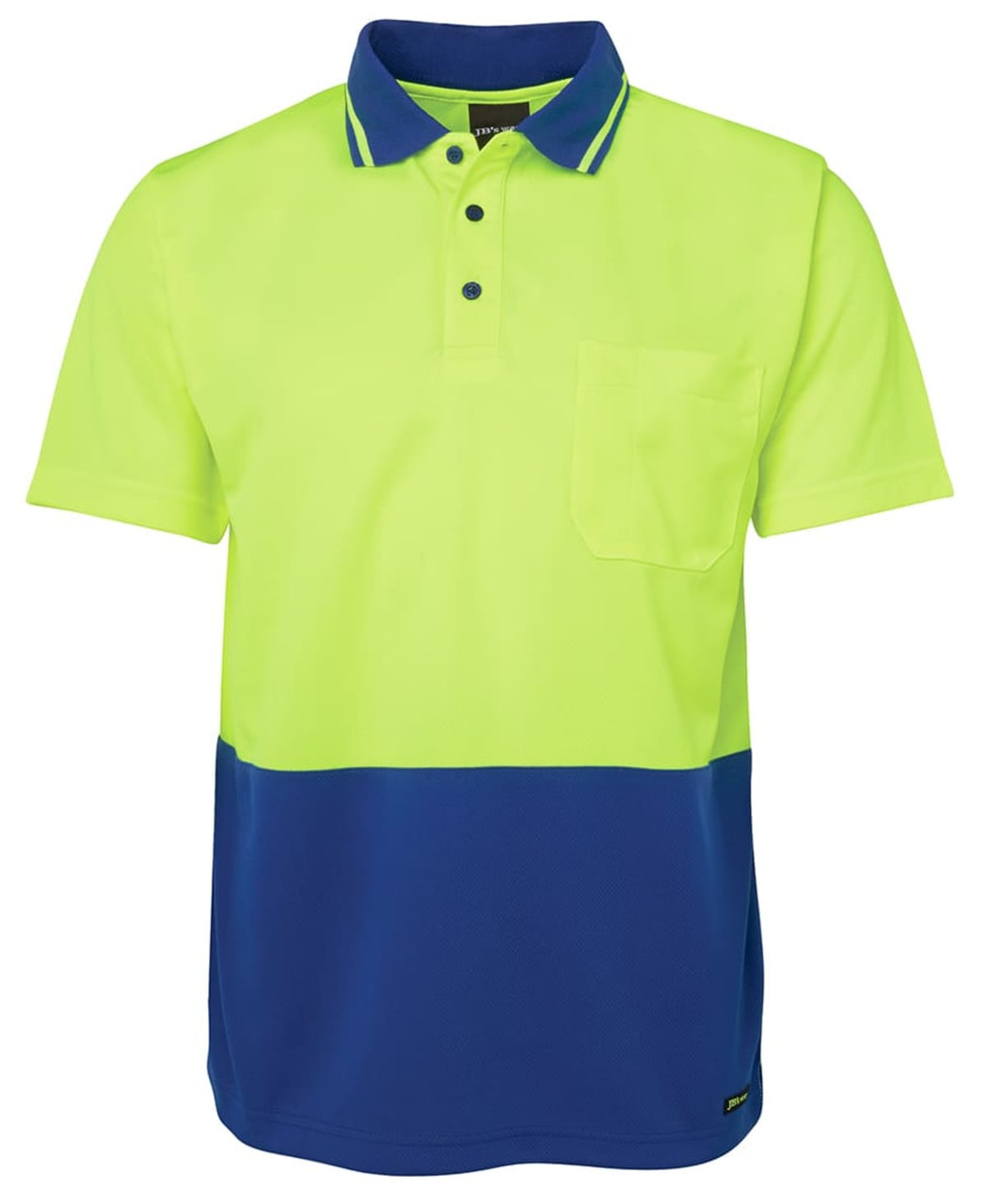 A work polo shirt in bright yellow and navy blue, featuring a pocket and logo.