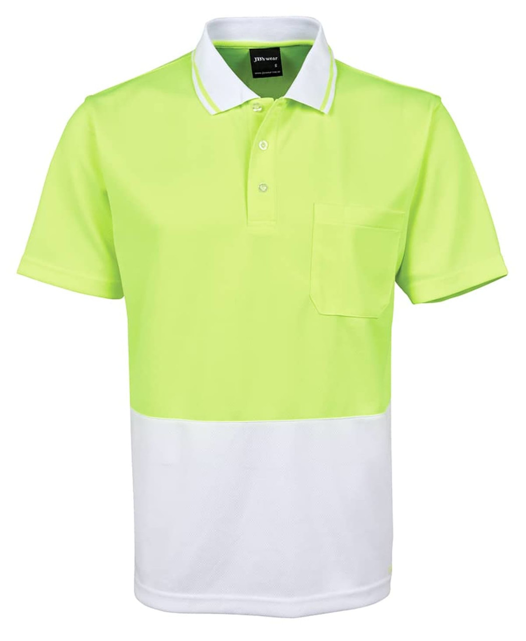 A high-visibility yellow polo shirt featuring a white lower section and a chest pocket, with a logo present.