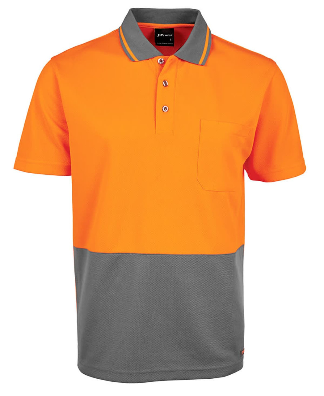 A short-sleeved work polo shirt in bright orange and grey, featuring a pocket and logo.