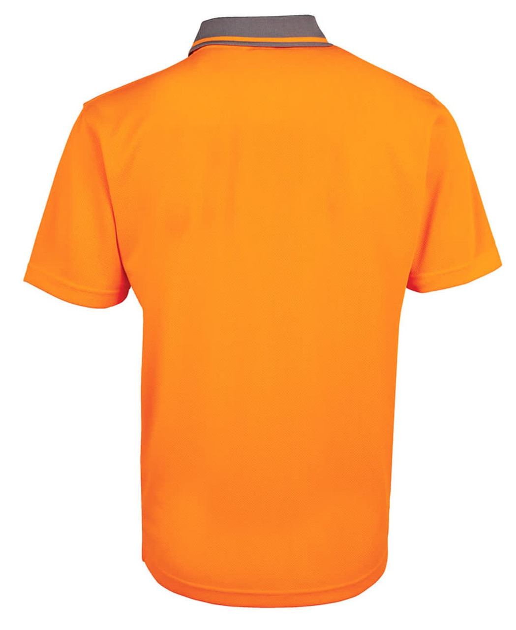 An orange work polo shirt featuring a grey collar and a logo on the back.