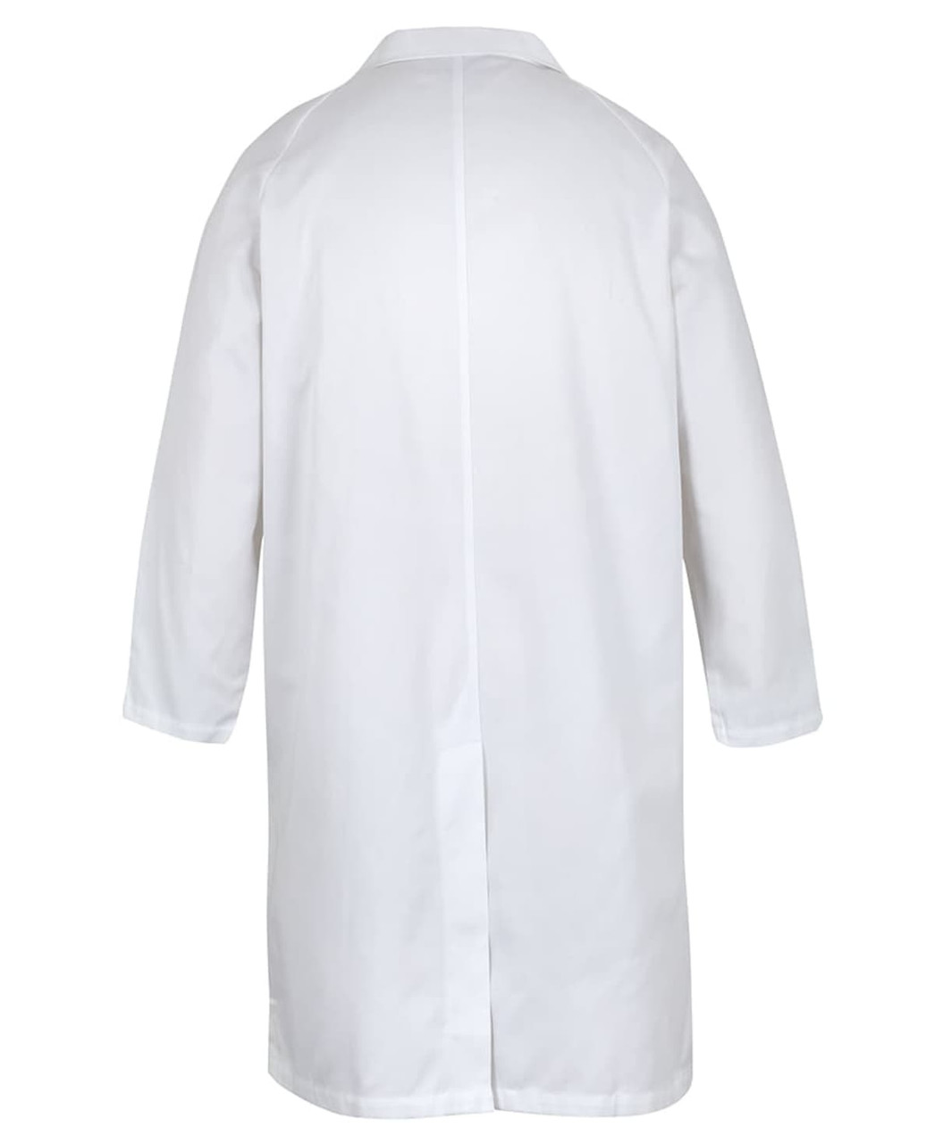 A white dust coat with long sleeves and a back vent, designed for use in food industry settings.