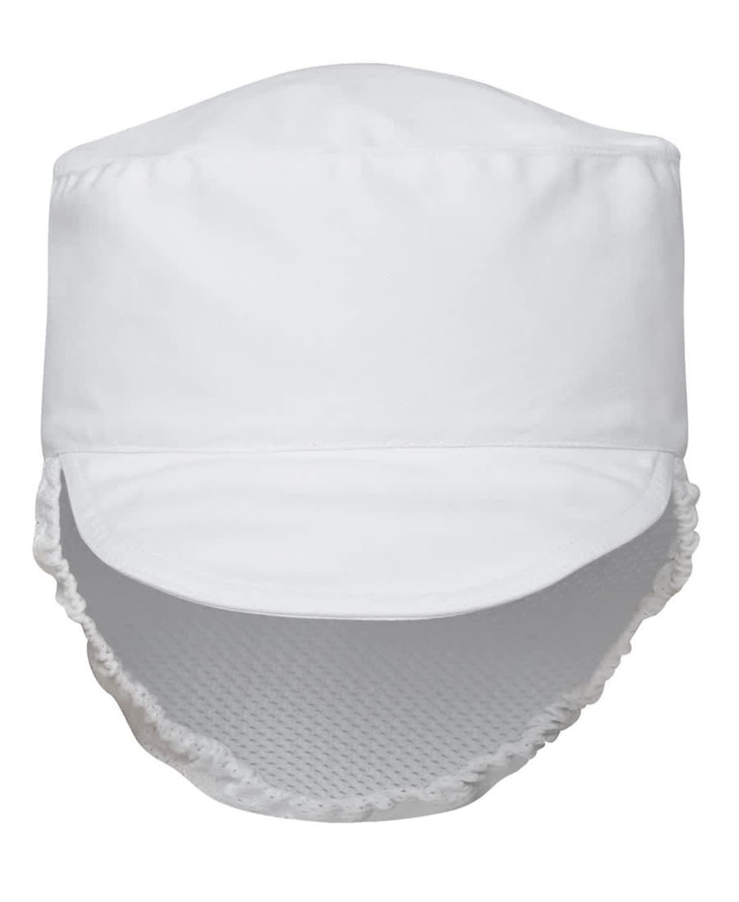 A white chef's hat with a mesh back for ventilation and a curved brim, featuring a logo.