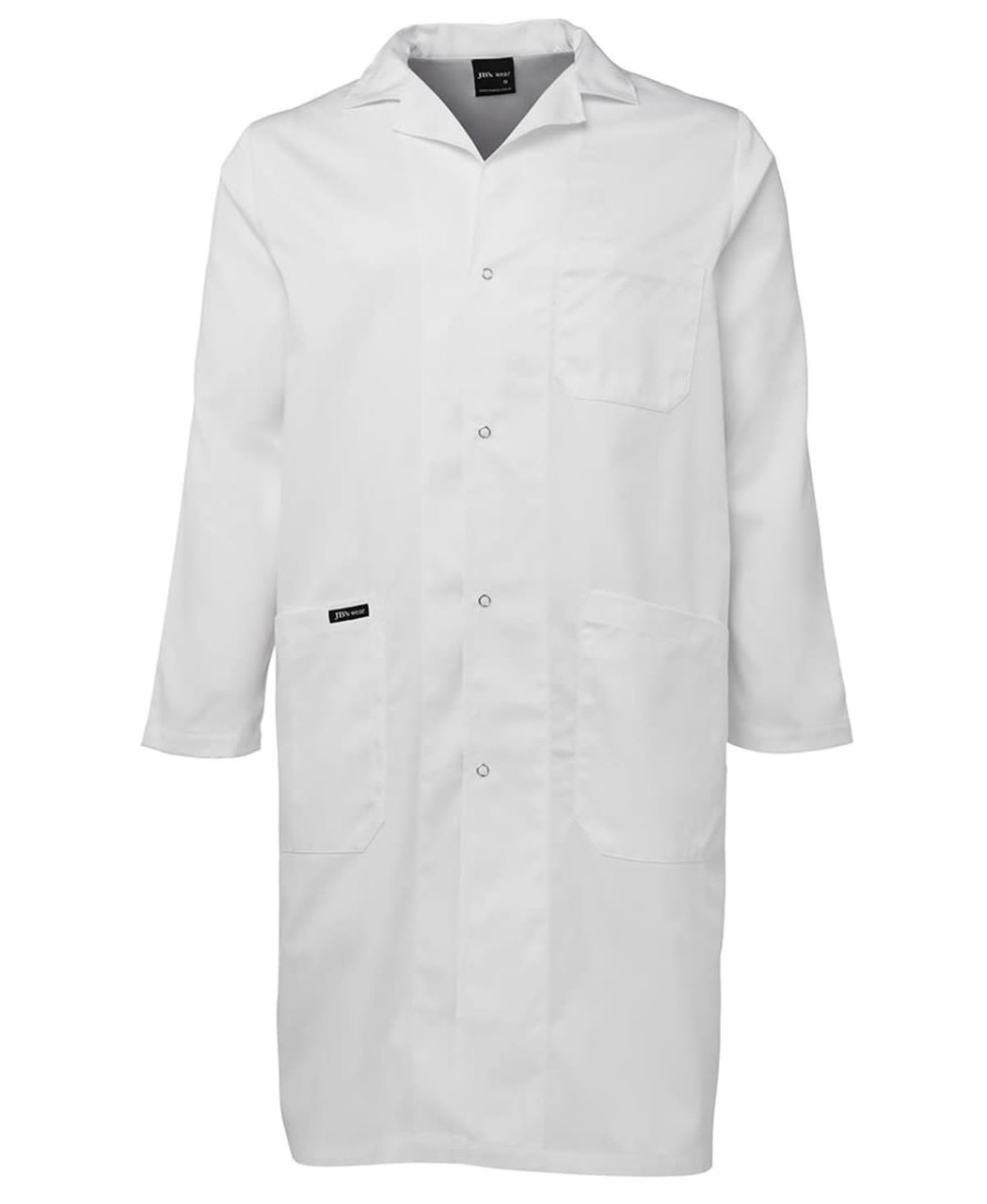 A white lab coat with a collar, long sleeves, and pockets, featuring a logo on the side.