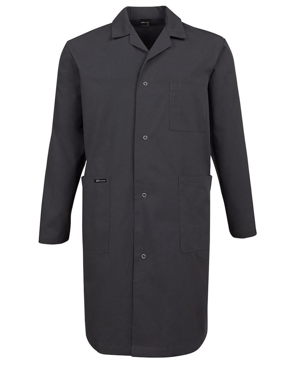 A dark grey lab coat with a collar, buttons, and a chest pocket, featuring a logo on the front.
