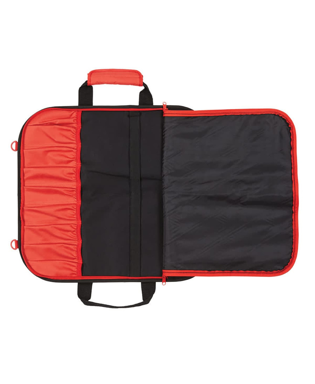 A black and red chef's knife bag, featuring multiple pockets and a zippered compartment, with a handle for carrying.