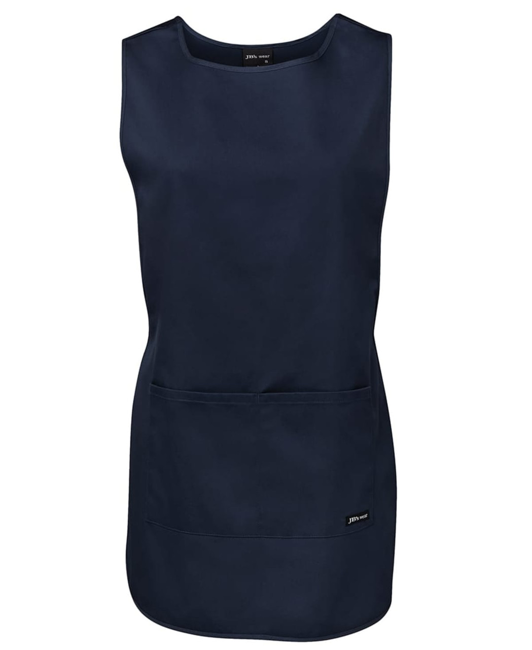 A navy smock with a simple sleeveless design and two front pockets. Features branding on one side.